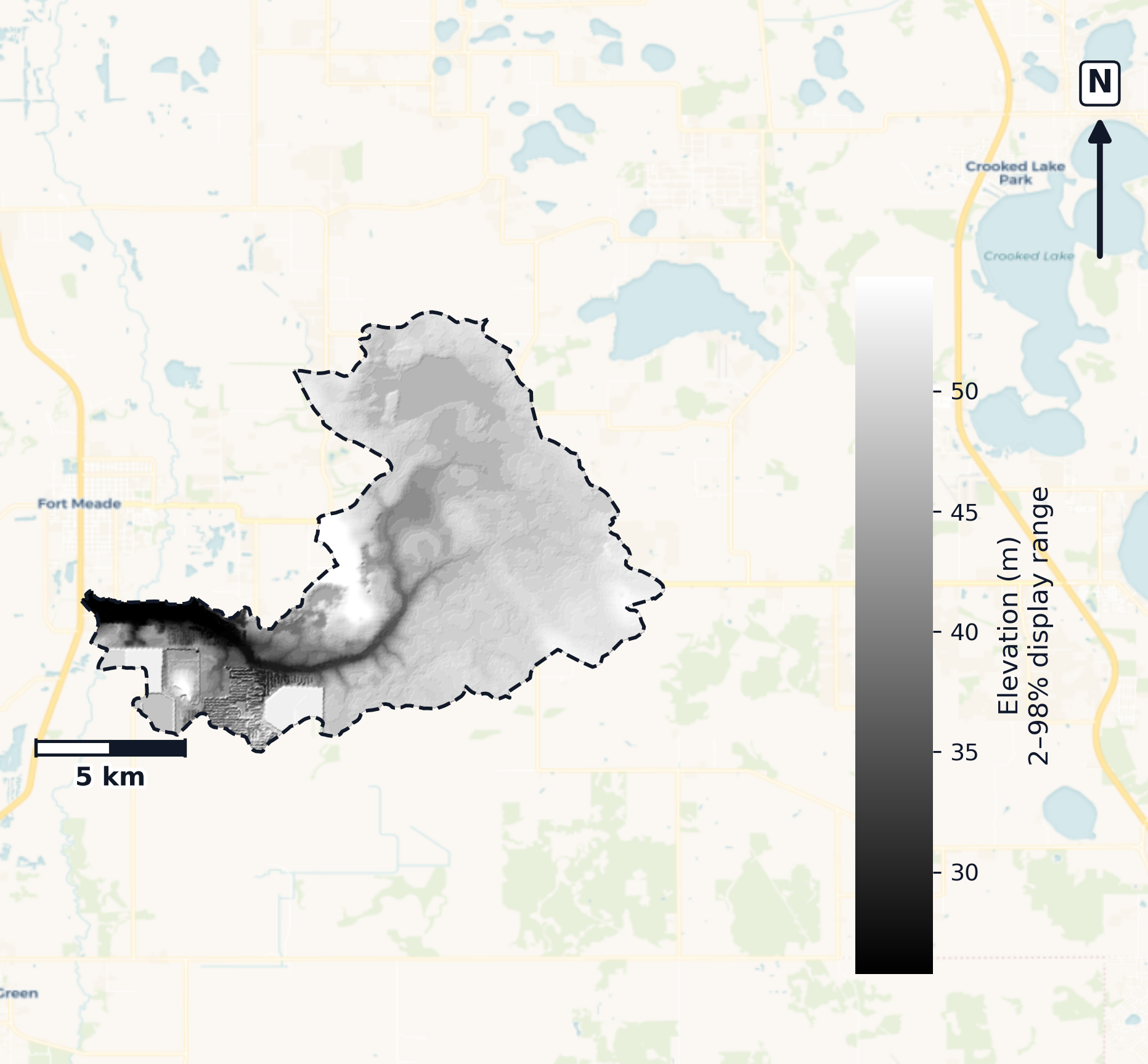 Peace · Florida — DEM hillshade, basin mask (same layout as flood-report maps)