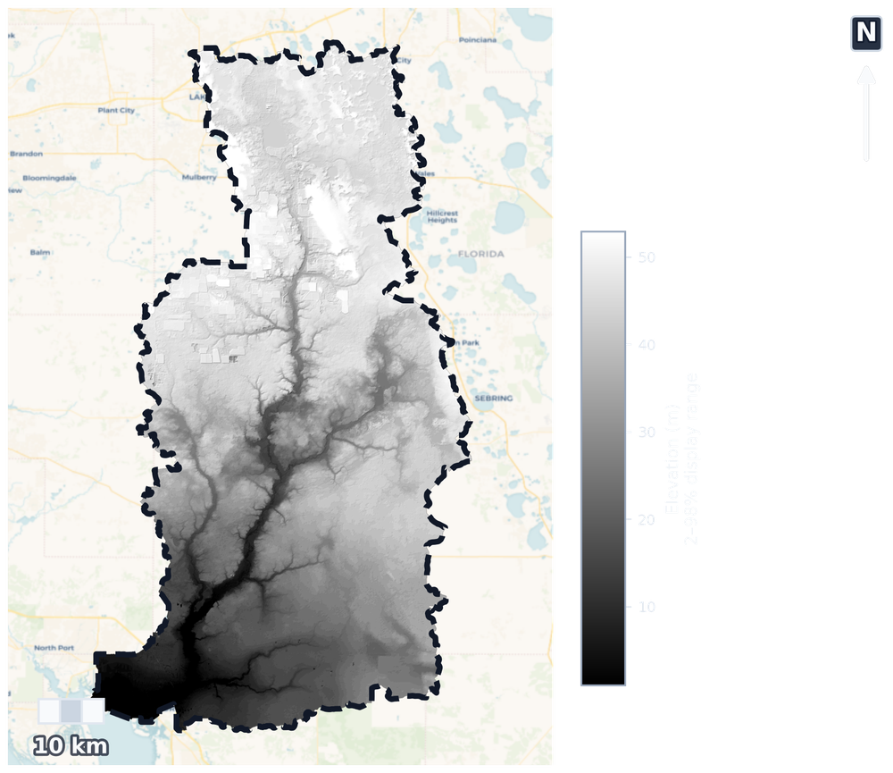 Peace · Florida — DEM hillshade, basin mask (same layout as flood-report maps)