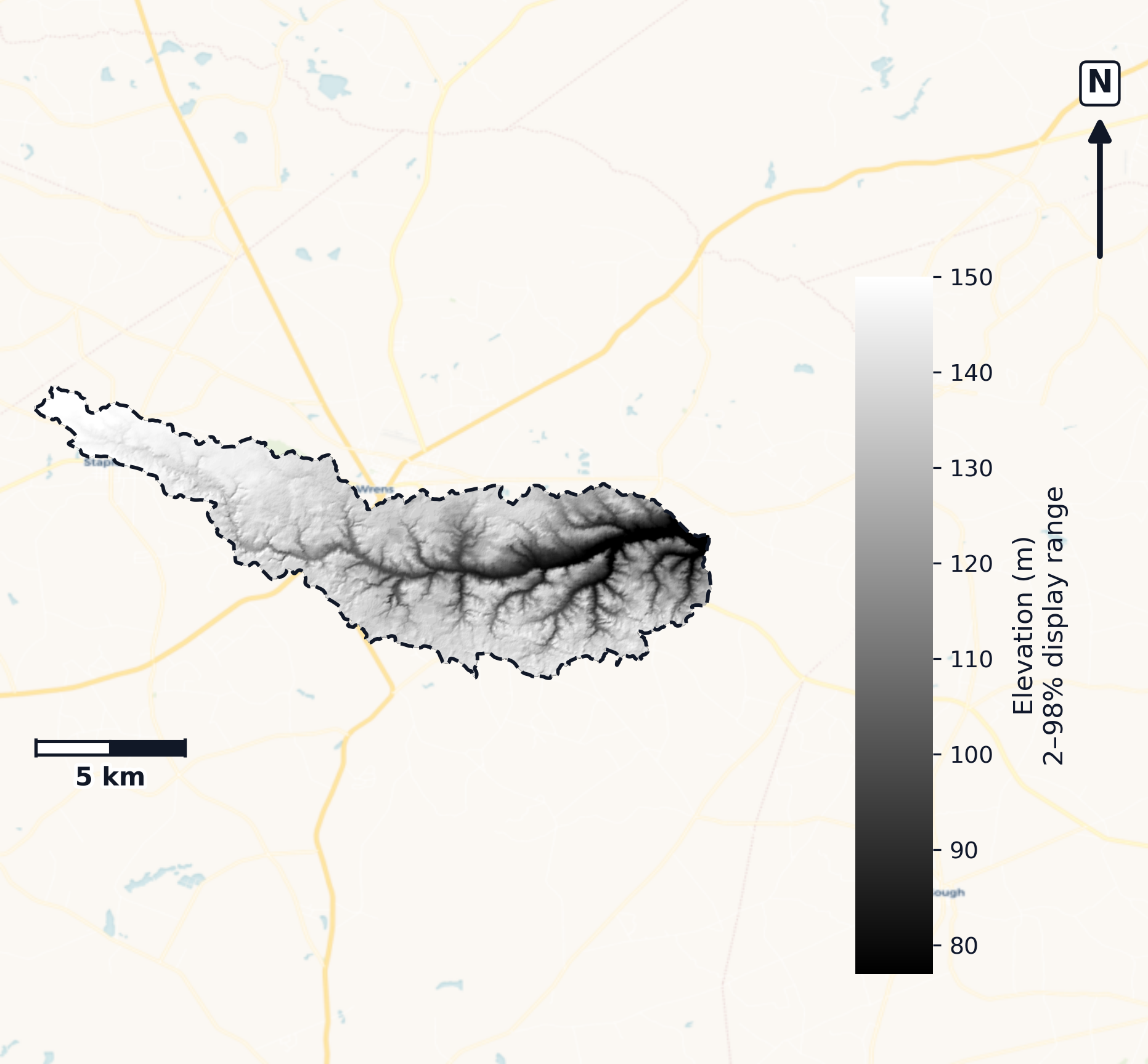 Brier · Georgia — DEM hillshade, basin mask (same layout as flood-report maps)