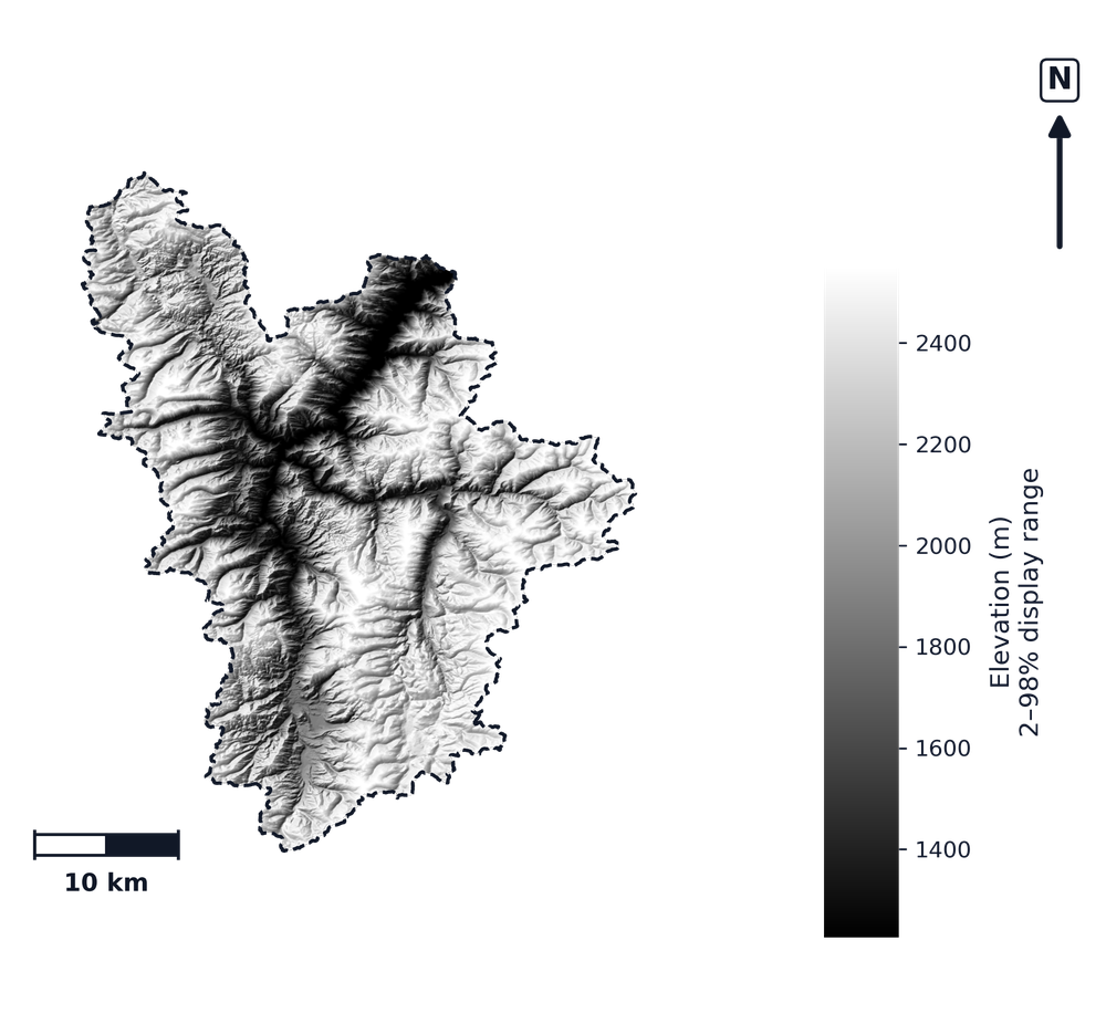 South Fork Salmon · Idaho — DEM hillshade, basin mask (same layout as flood-report maps)