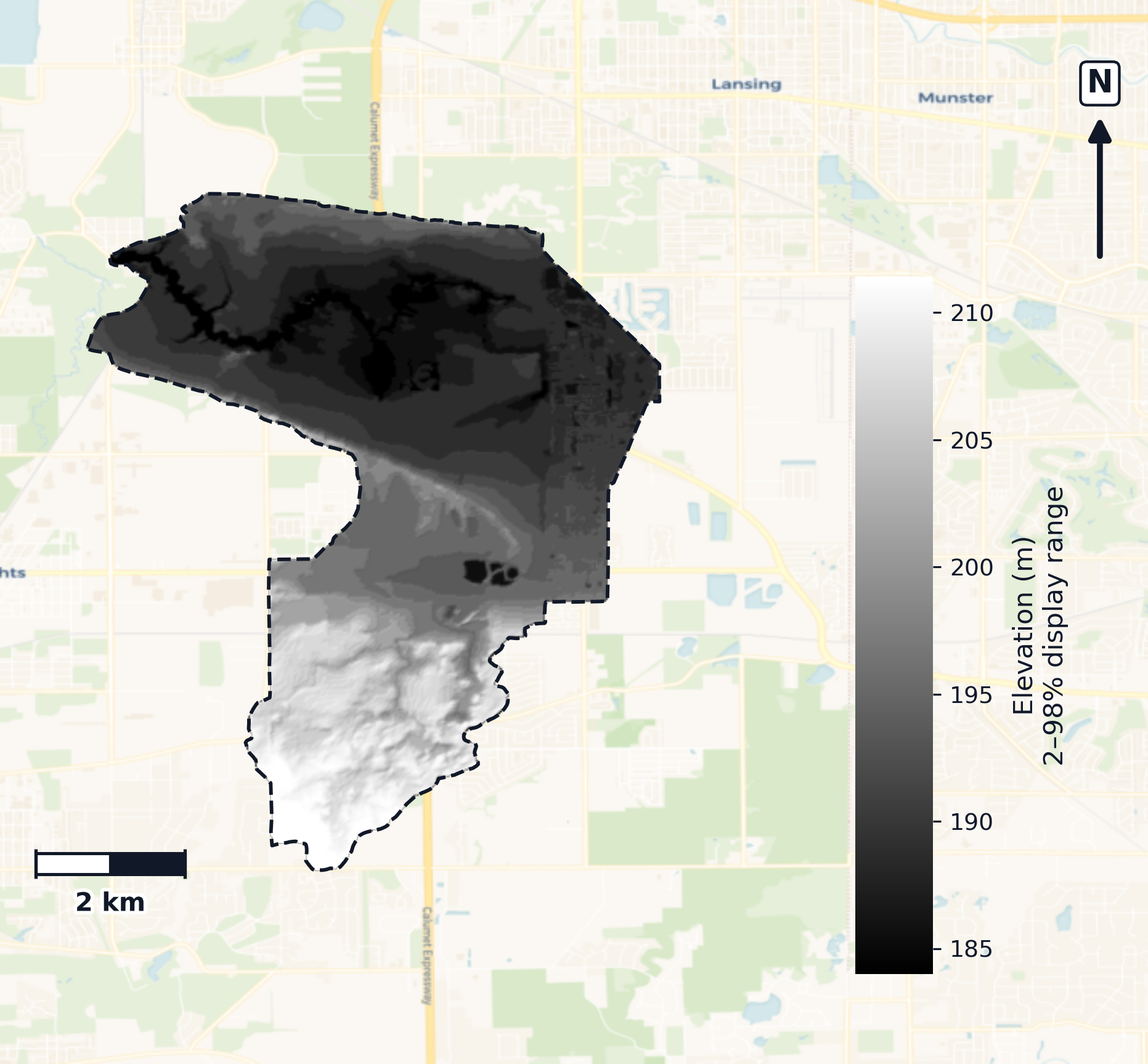 Chicago · Illinois — DEM hillshade, basin mask (same layout as flood-report maps)