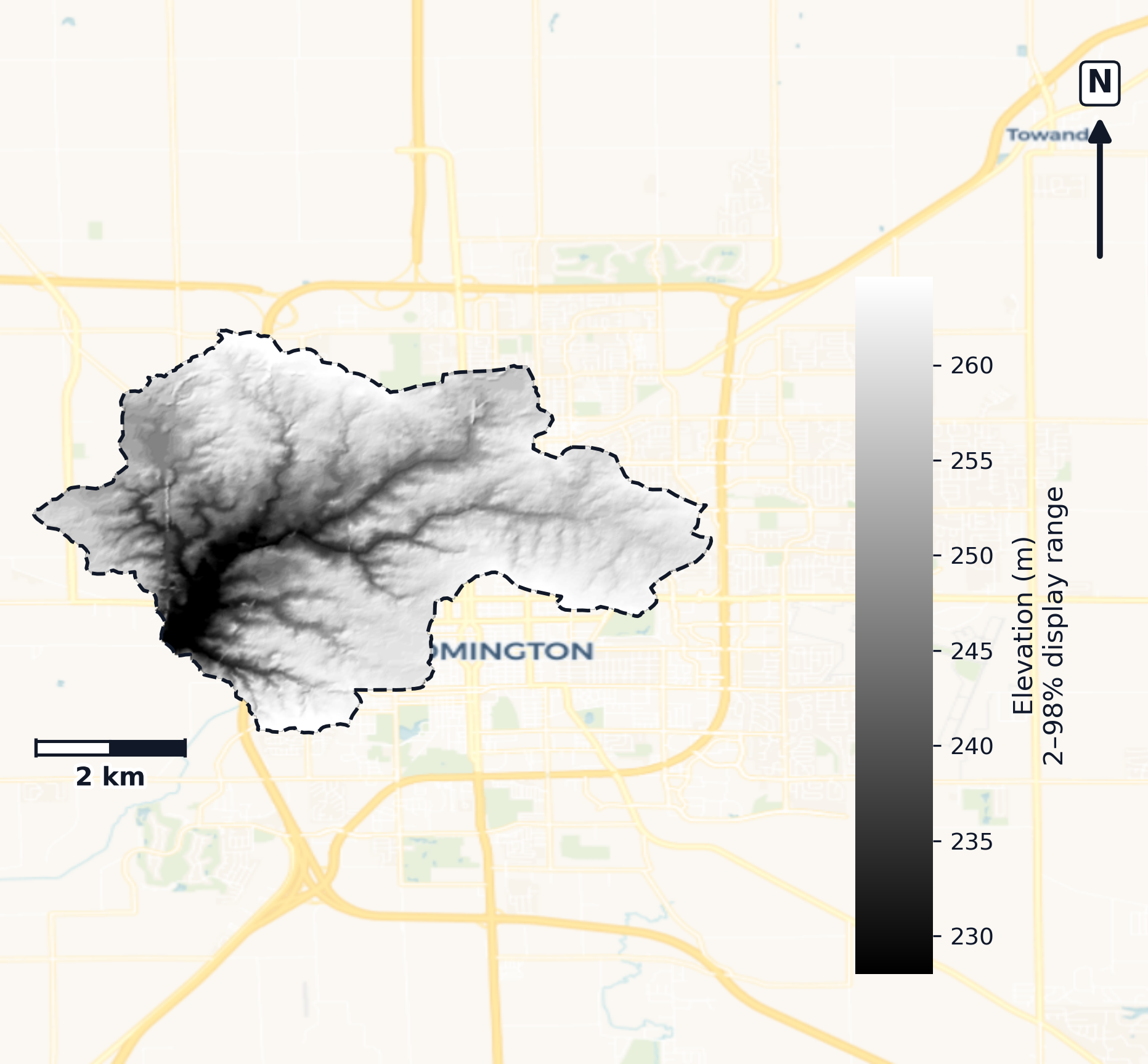 Salt · Illinois — DEM hillshade, basin mask (same layout as flood-report maps)