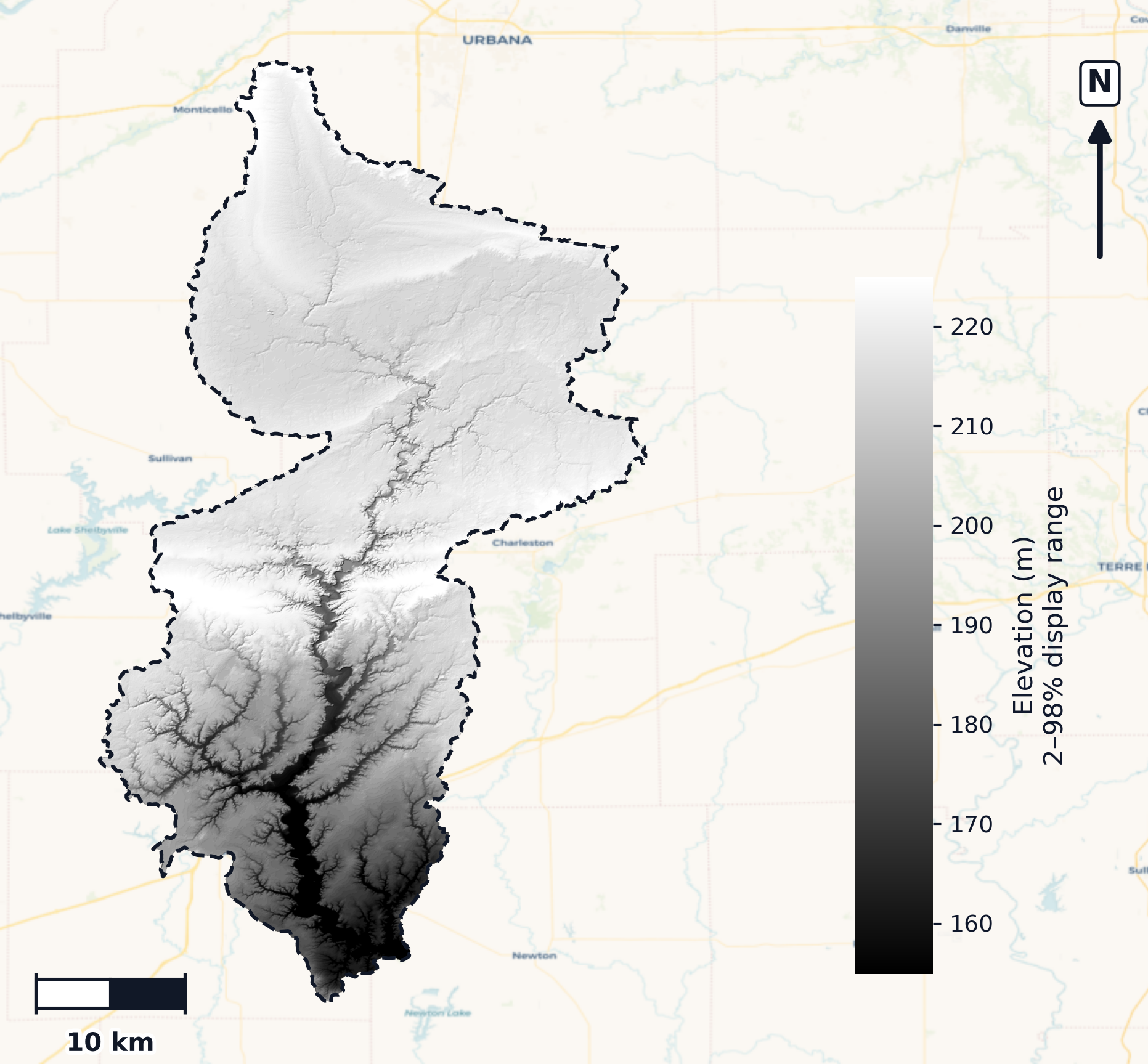 Embarras · Illinois — DEM hillshade, basin mask (same layout as flood-report maps)