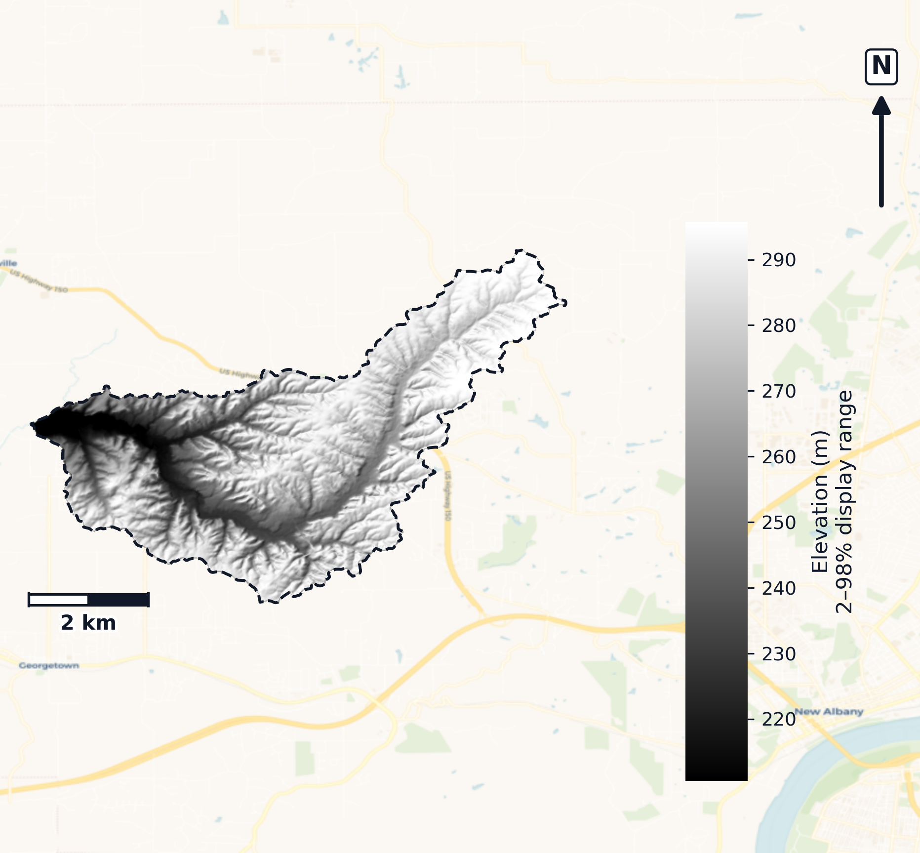 Blue-Sinking · Indiana — DEM hillshade, basin mask (same layout as flood-report maps)