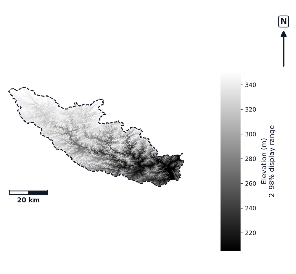Maquoketa · Iowa — DEM hillshade, basin mask (same layout as flood-report maps)