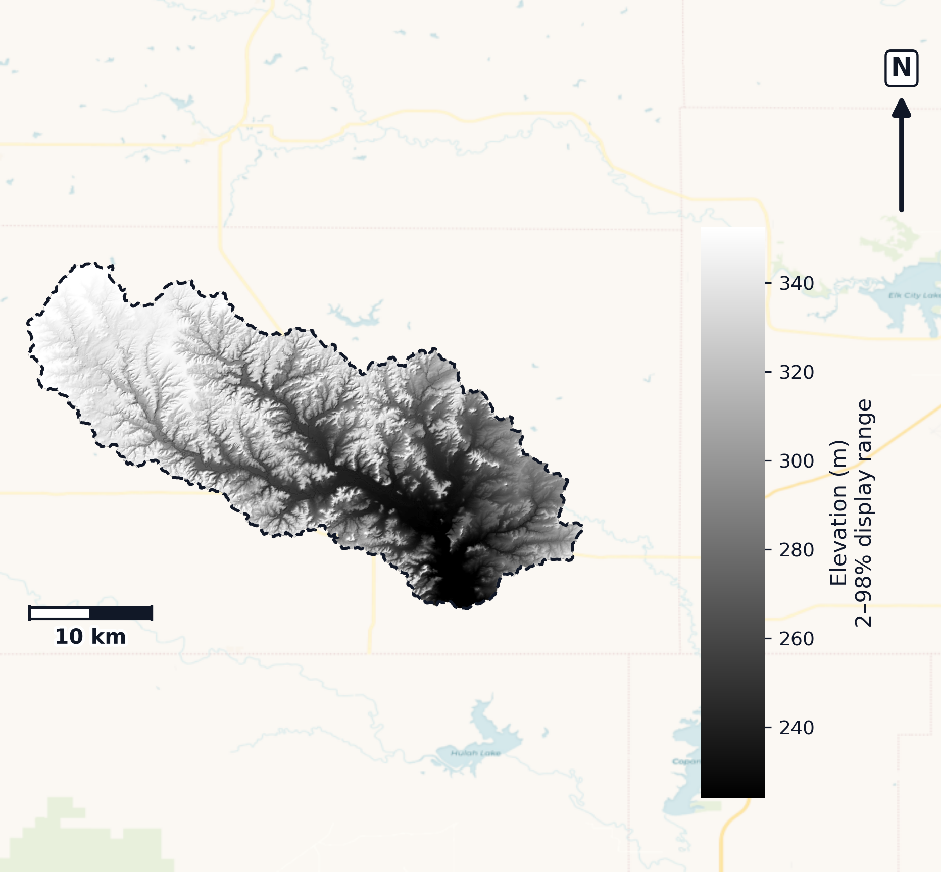 Caney · Kansas — DEM hillshade, basin mask (same layout as flood-report maps)