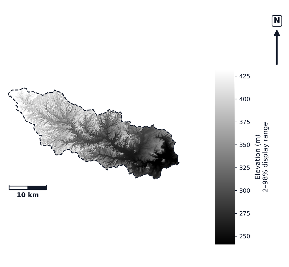 Elk · Kansas — DEM hillshade, basin mask (same layout as flood-report maps)