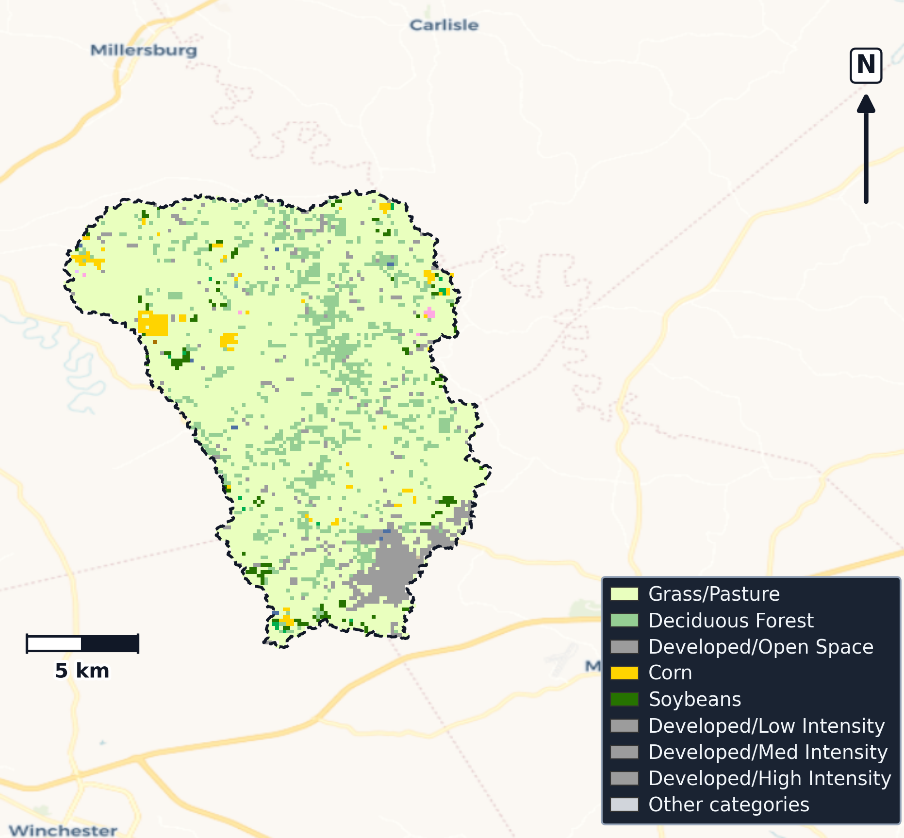 South Fork Licking · Kentucky — Cropland Data Layer land use, basin clip