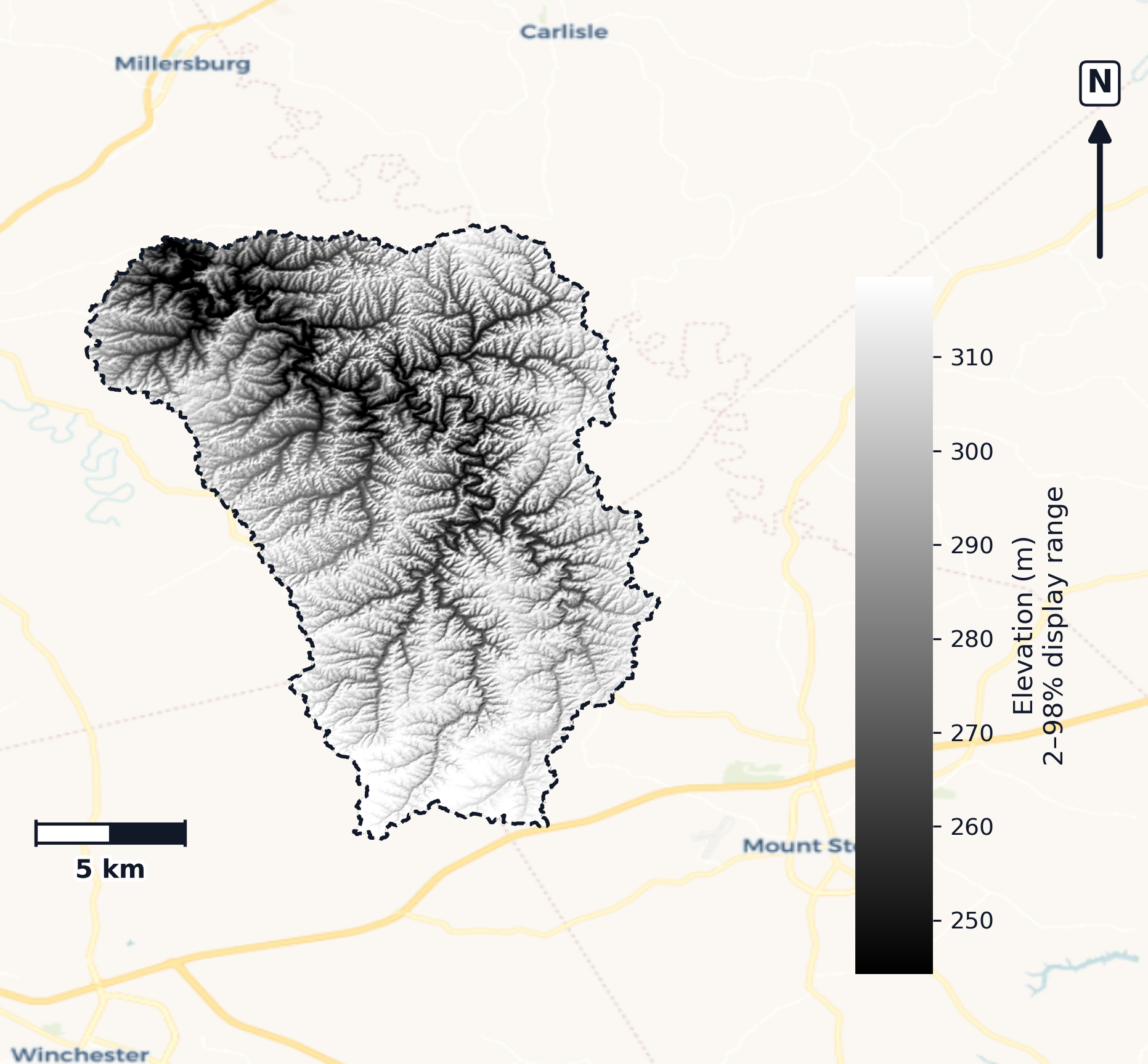 South Fork Licking · Kentucky — DEM hillshade, basin mask (same layout as flood-report maps)