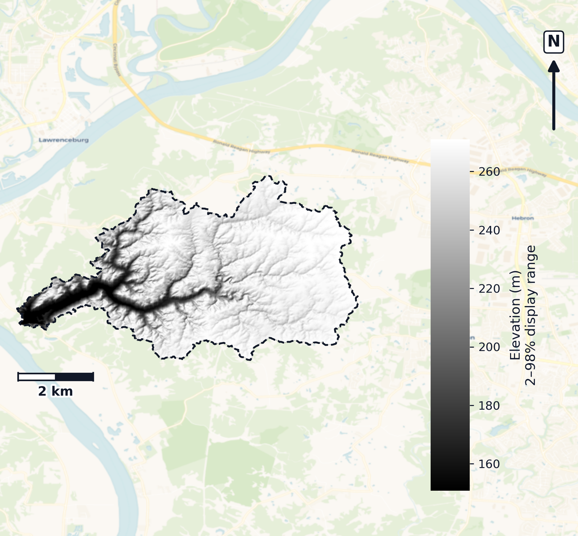 Middle Ohio-Laughery · Kentucky — DEM hillshade, basin mask (same layout as flood-report maps)