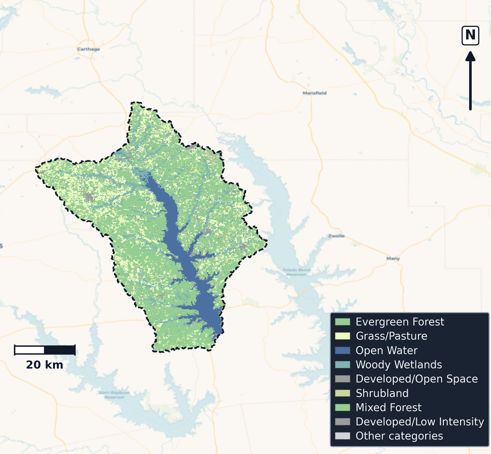 Toledo Bend Reservoir · Louisiana — Cropland Data Layer land use, basin clip