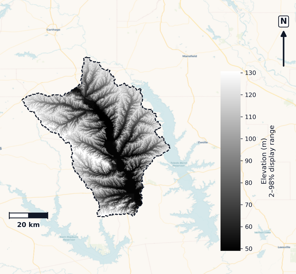 Toledo Bend Reservoir · Louisiana — DEM hillshade, basin mask (same layout as flood-report maps)