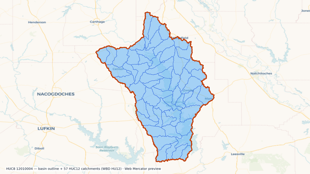 Toledo Bend Reservoir watershed — HUC8 12010004 (USGS WBD)