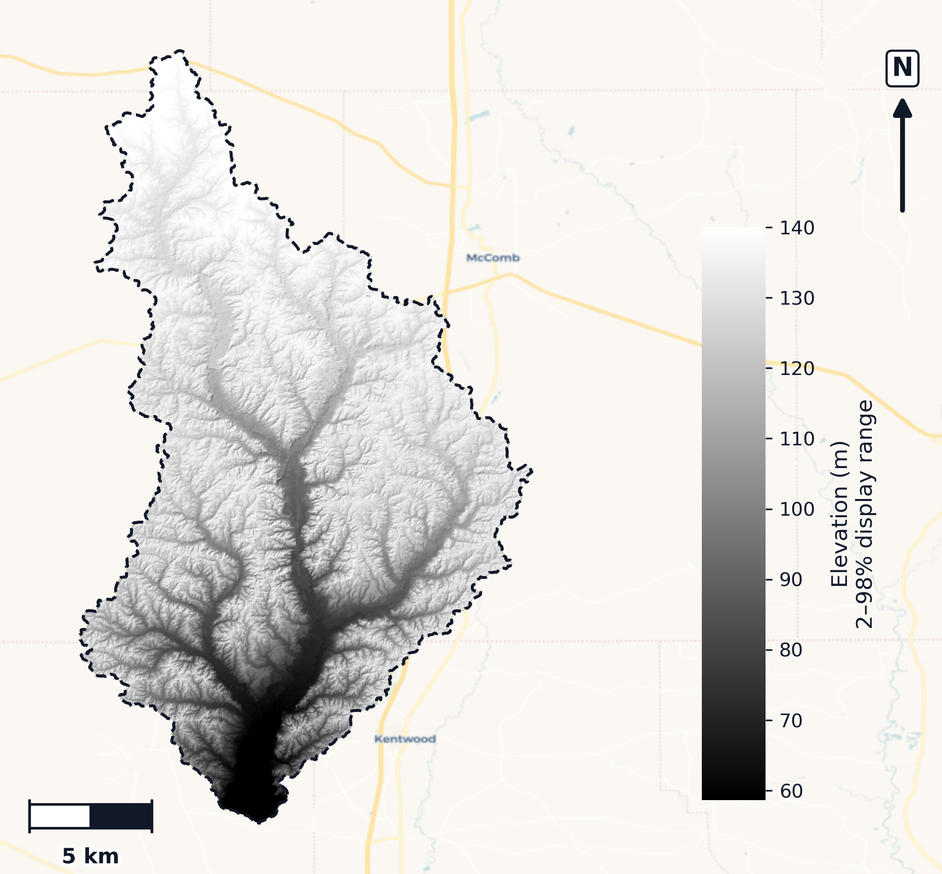 Tangipahoa · Louisiana — DEM hillshade, basin mask (same layout as flood-report maps)