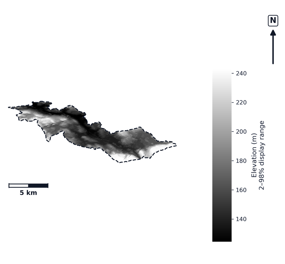 Piscataquis River · Maine — DEM hillshade, basin mask (same layout as flood-report maps)