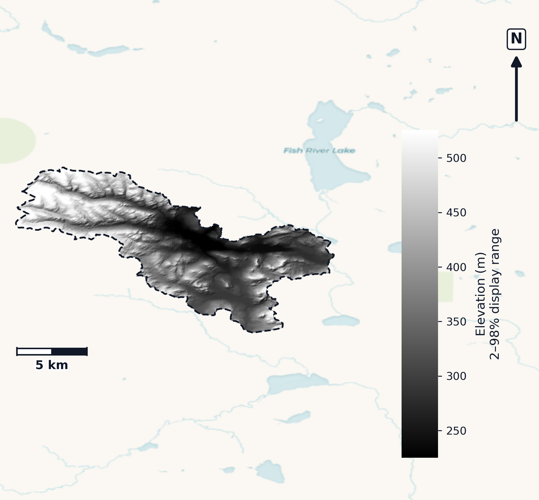 Fish River · Maine — DEM hillshade, basin mask (same layout as flood-report maps)