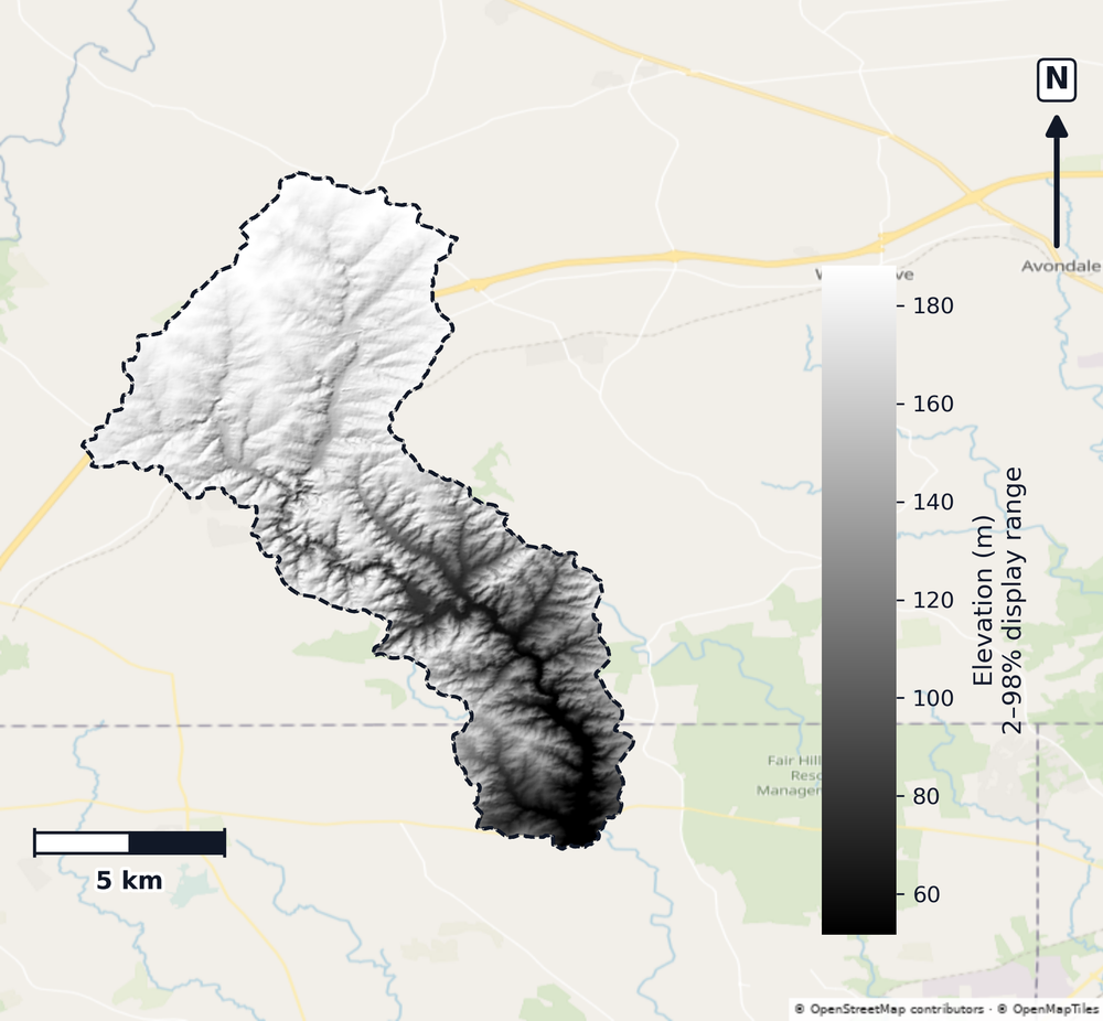 Chester-Sassafras · Maryland — DEM hillshade, basin mask (same layout as flood-report maps)