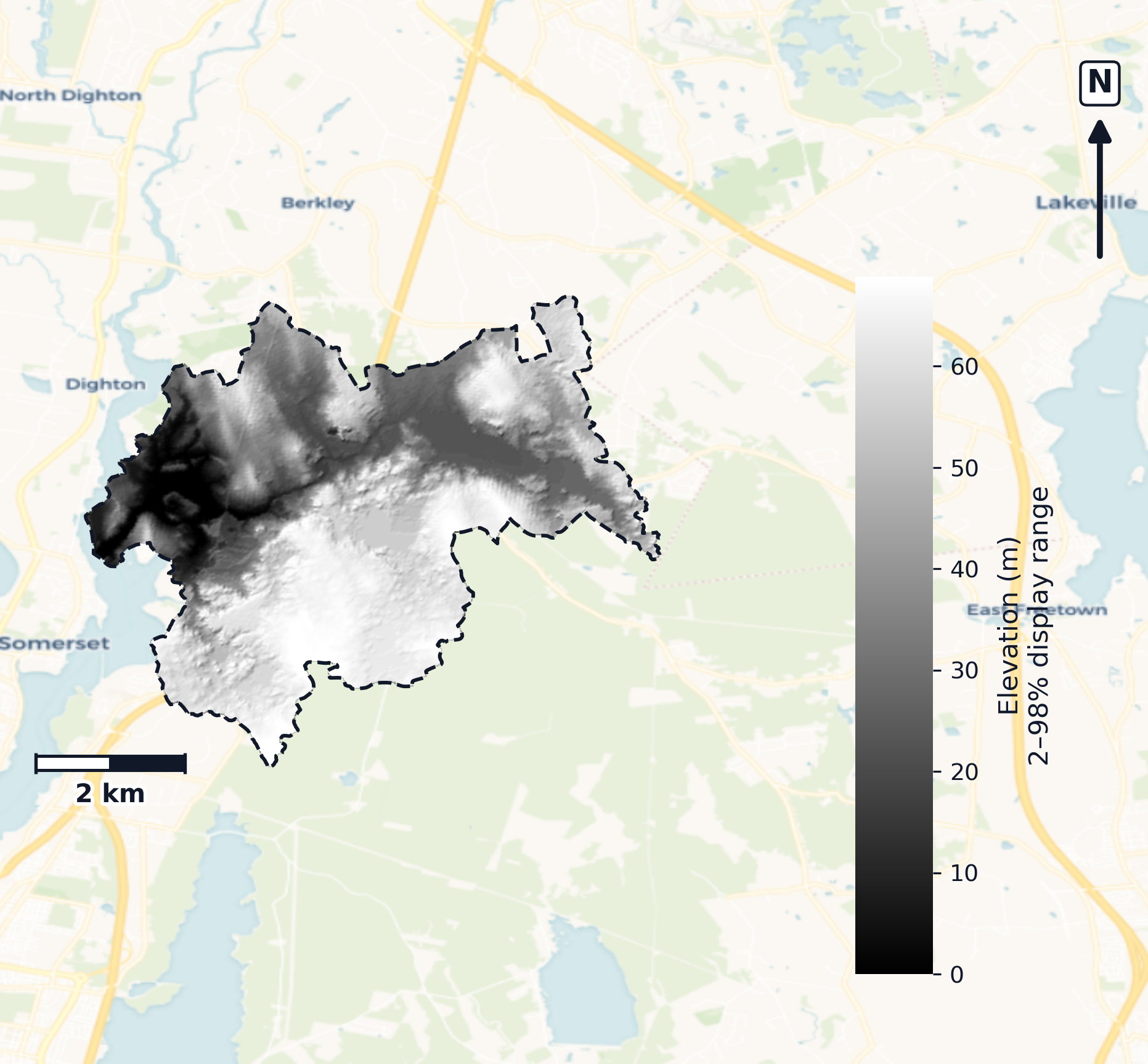 Narragansett · Massachusetts — DEM hillshade, basin mask (same layout as flood-report maps)