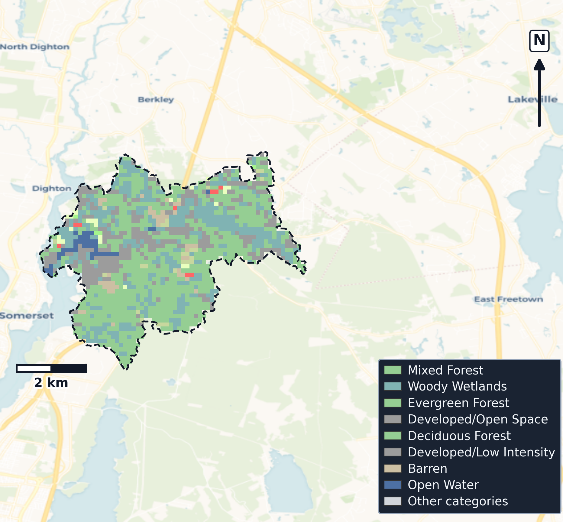 Narragansett · Massachusetts — Cropland Data Layer land use, basin clip