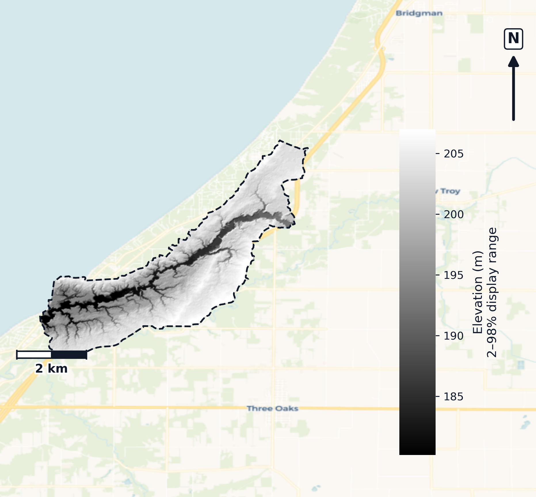 Little Calumet-Galien · Michigan — DEM hillshade, basin mask (same layout as flood-report maps)