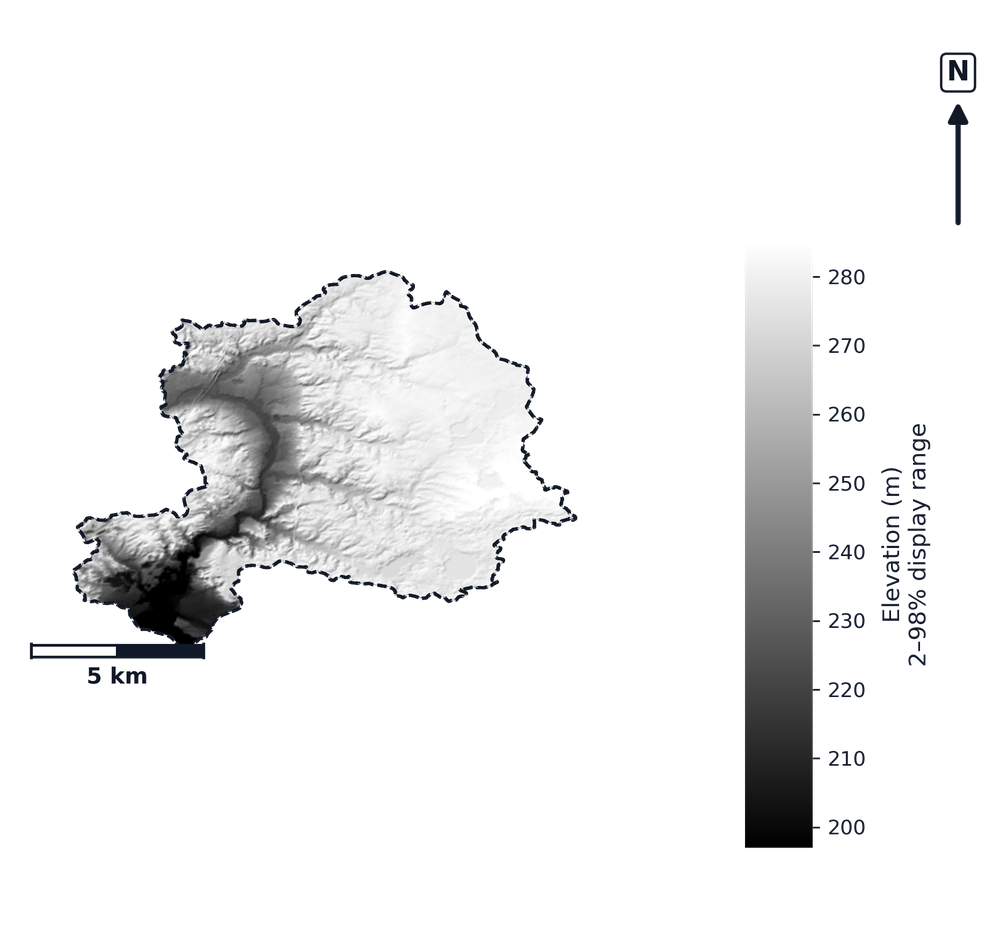 Lower Grand · Michigan — DEM hillshade, basin mask (same layout as flood-report maps)