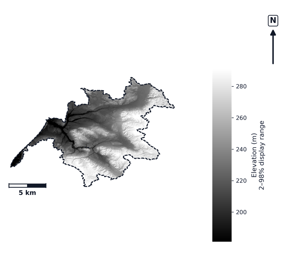 Pere Marquette-White · Michigan — DEM hillshade, basin mask (same layout as flood-report maps)