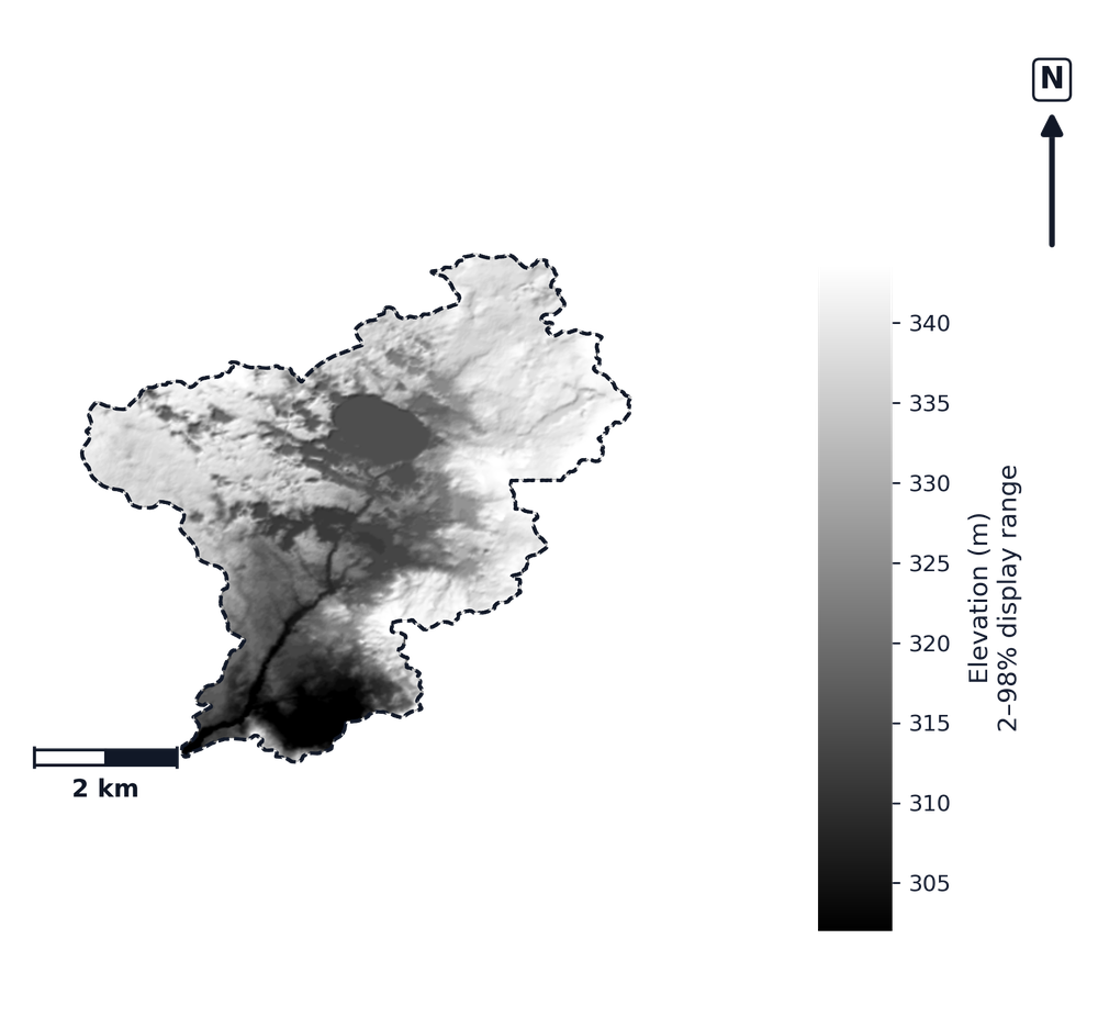 Manistee · Michigan — DEM hillshade, basin mask (same layout as flood-report maps)