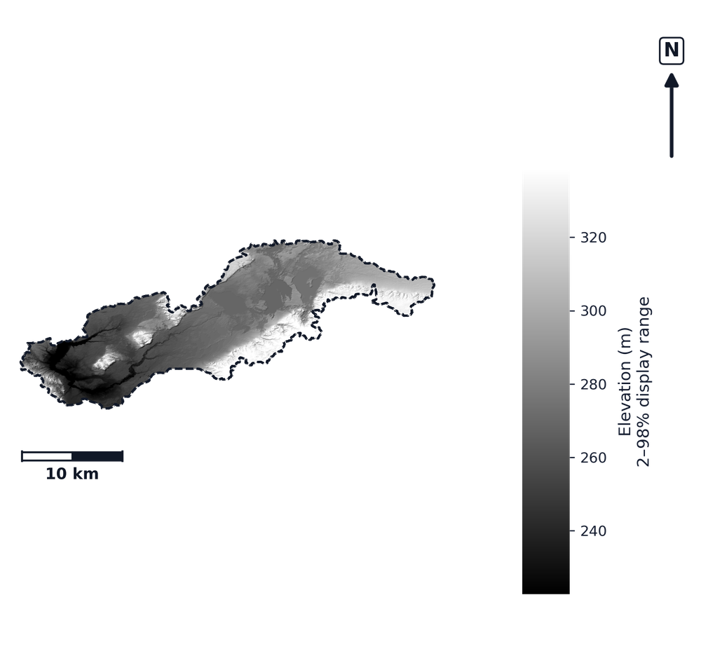Betsie-Platte · Michigan — DEM hillshade, basin mask (same layout as flood-report maps)