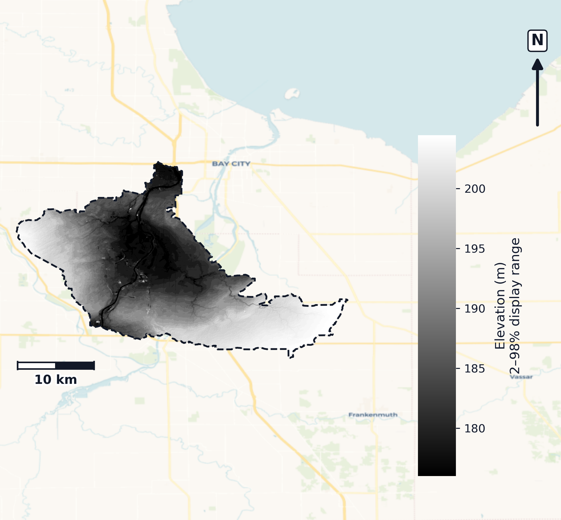 Saginaw · Michigan — DEM hillshade, basin mask (same layout as flood-report maps)