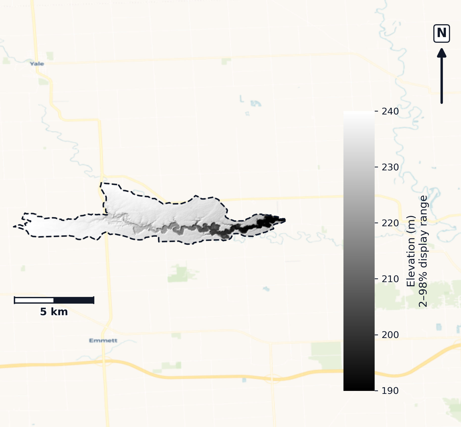 St. Clair · Michigan — DEM hillshade, basin mask (same layout as flood-report maps)