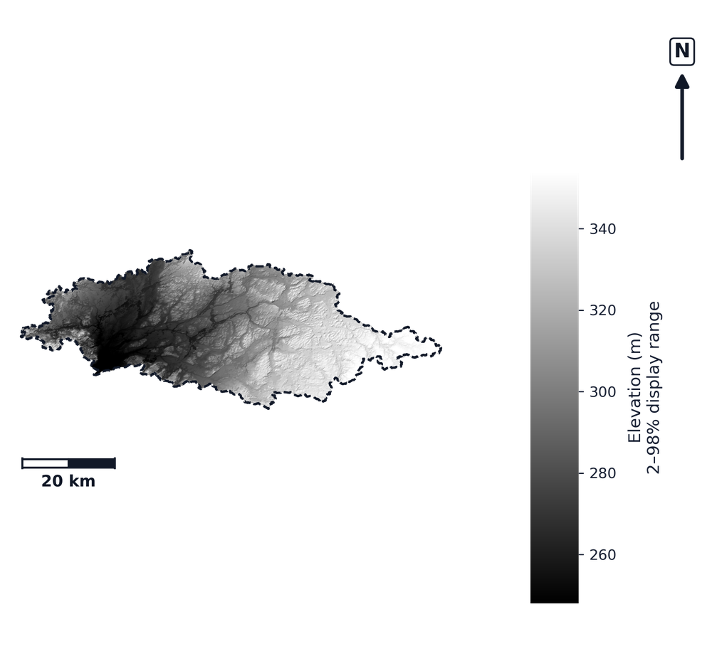 St. Joseph · Michigan — DEM hillshade, basin mask (same layout as flood-report maps)