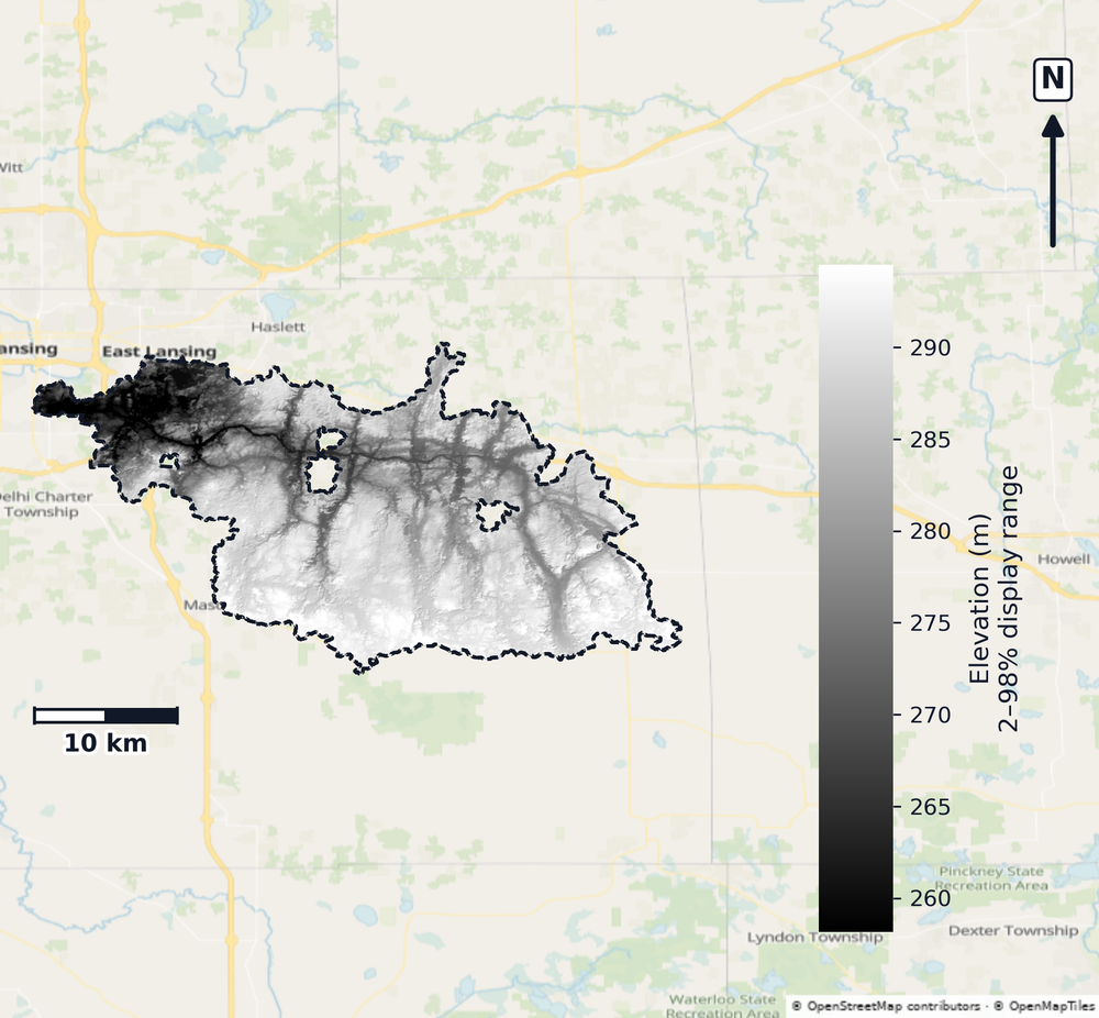 Upper Grand · Michigan — DEM hillshade, basin mask (same layout as flood-report maps)