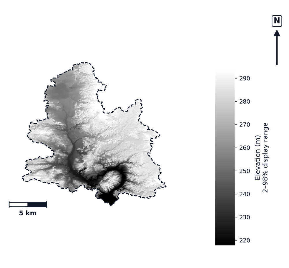 Lower Grand · Michigan — DEM hillshade, basin mask (same layout as flood-report maps)
