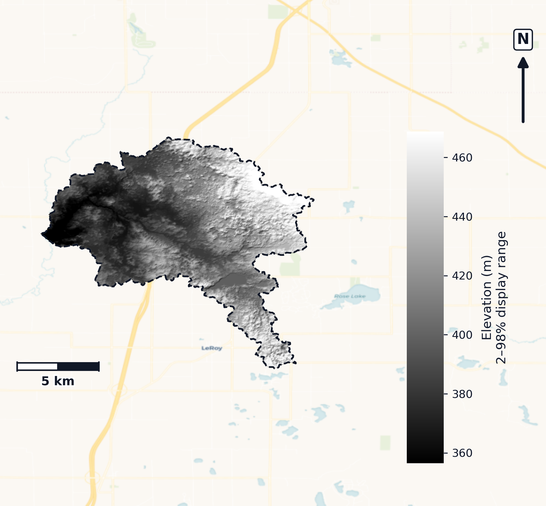 Manistee · Michigan — DEM hillshade, basin mask (same layout as flood-report maps)