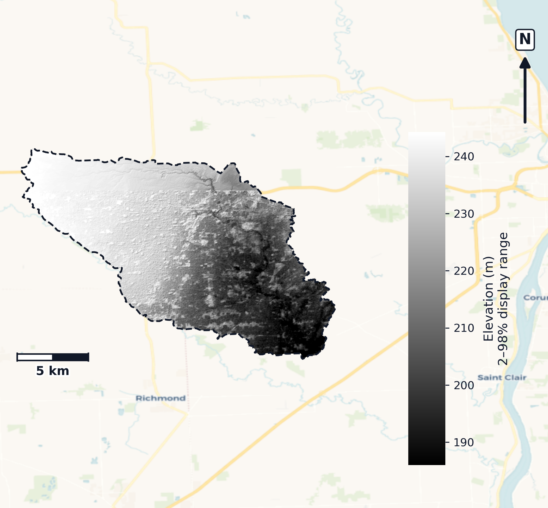 St. Clair · Michigan — DEM hillshade, basin mask (same layout as flood-report maps)