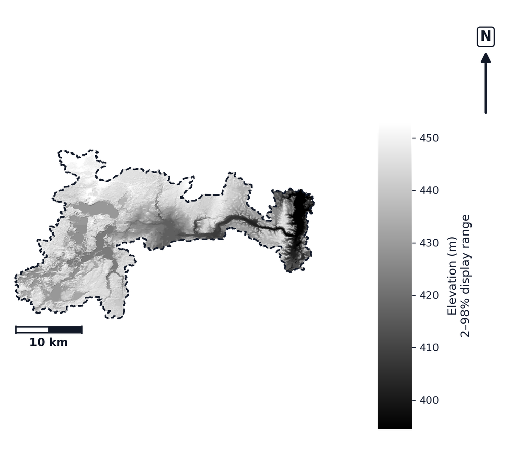 Long Prairie · Minnesota — DEM hillshade, basin mask (same layout as flood-report maps)