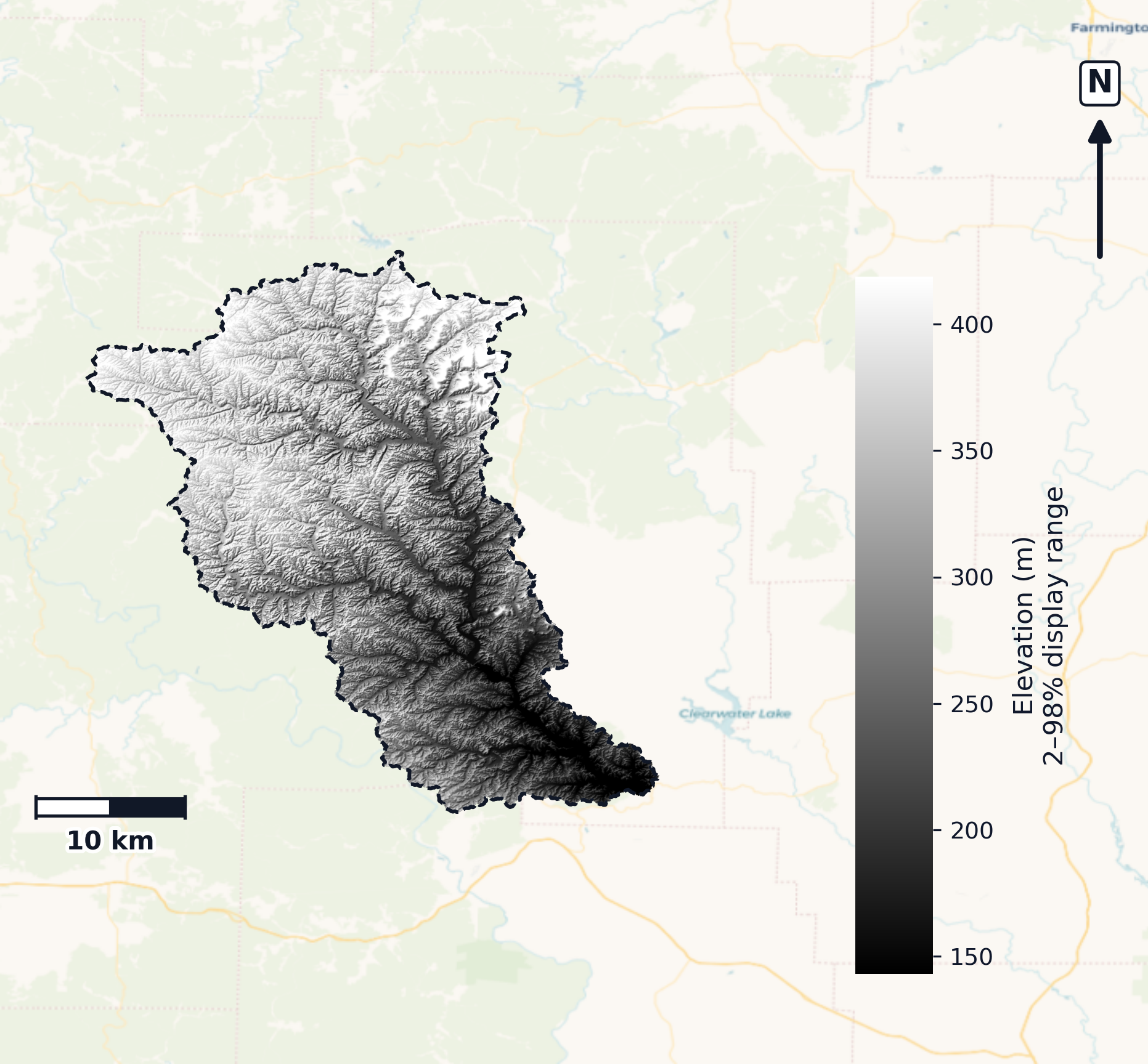 Upper Black · Missouri — DEM hillshade, basin mask (same layout as flood-report maps)