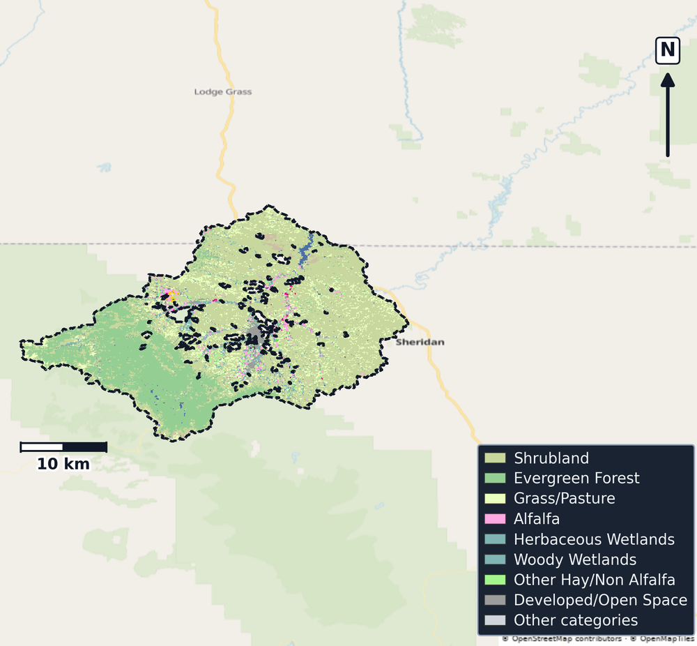 Upper Tongue · Montana — Cropland Data Layer land use, basin clip