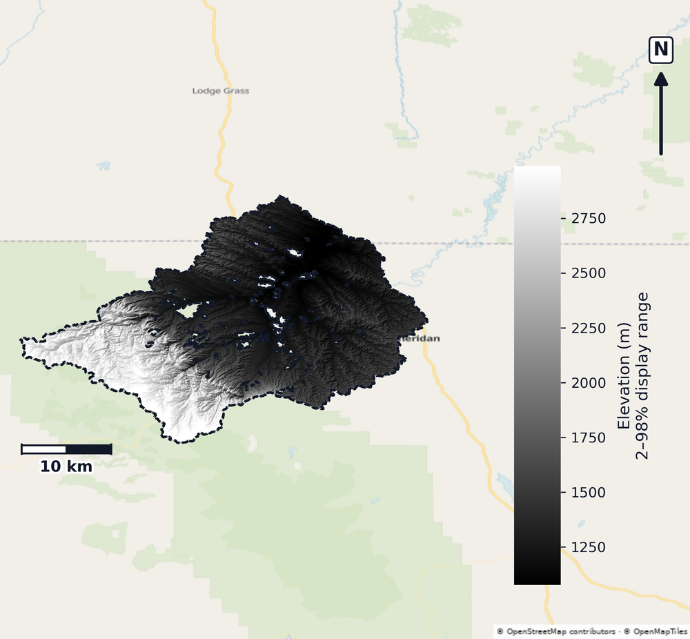 Upper Tongue · Montana — DEM hillshade, basin mask (same layout as flood-report maps)