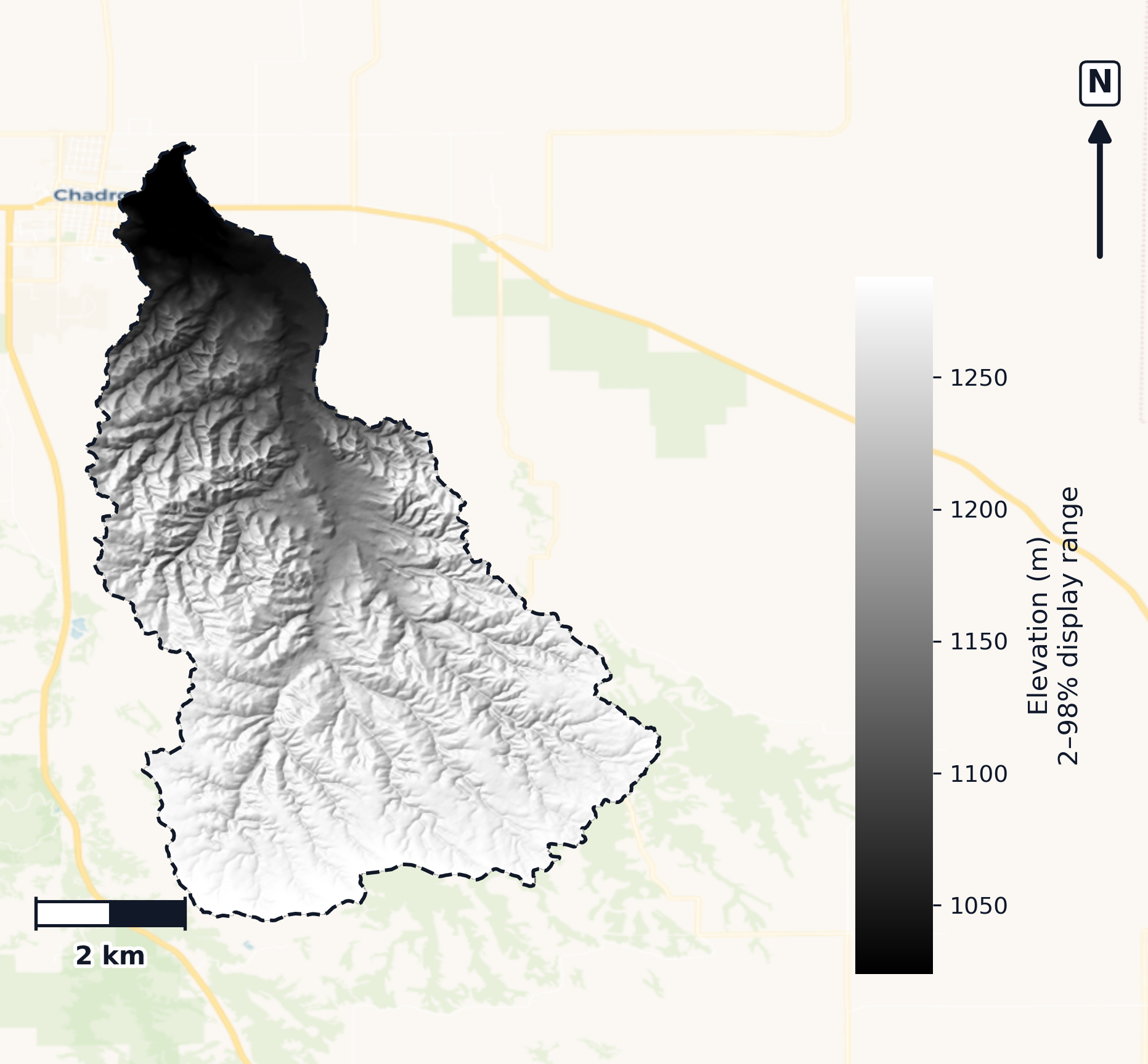 Upper White · Nebraska — DEM hillshade, basin mask (same layout as flood-report maps)