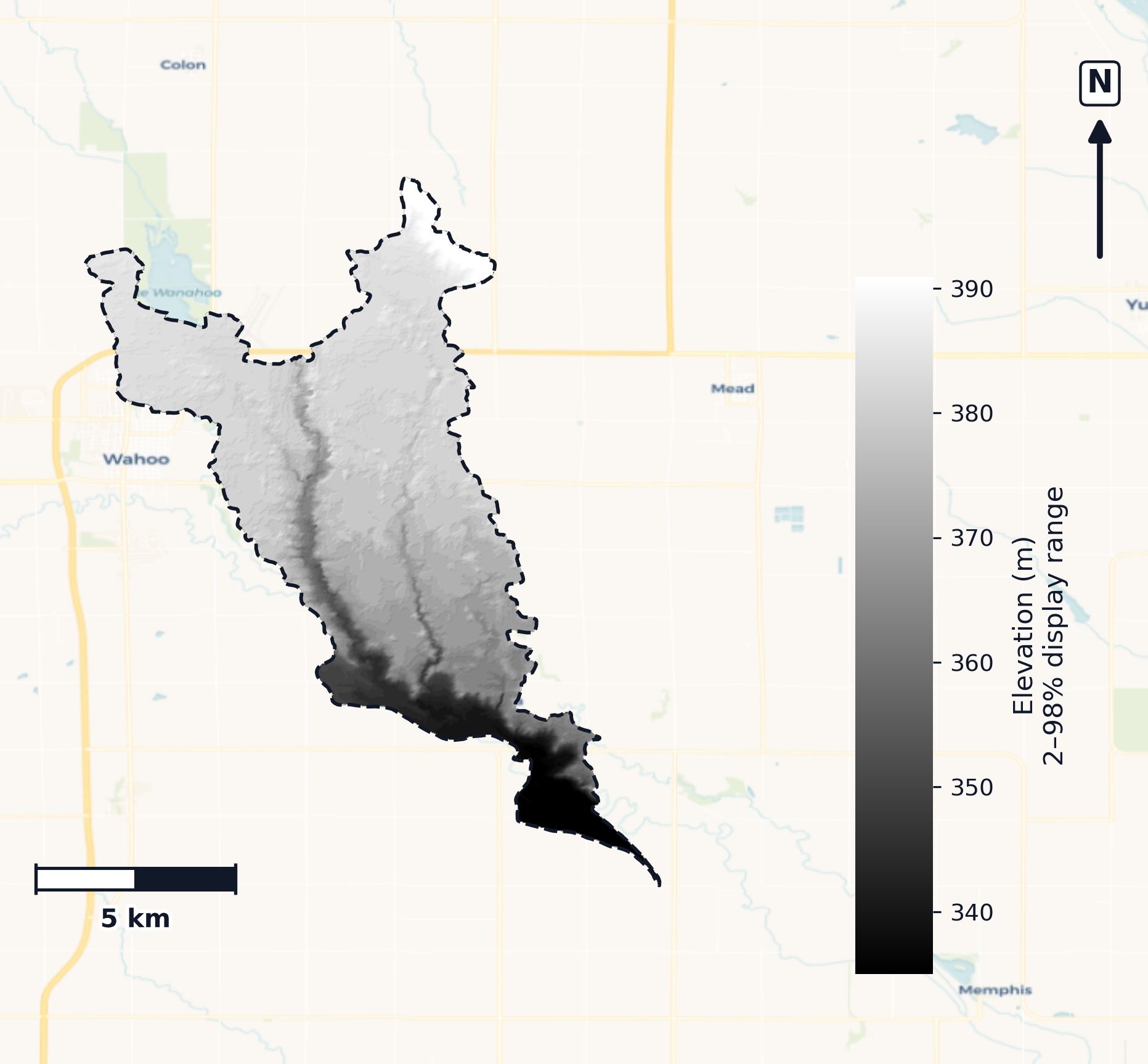 Salt · Nebraska — DEM hillshade, basin mask (same layout as flood-report maps)
