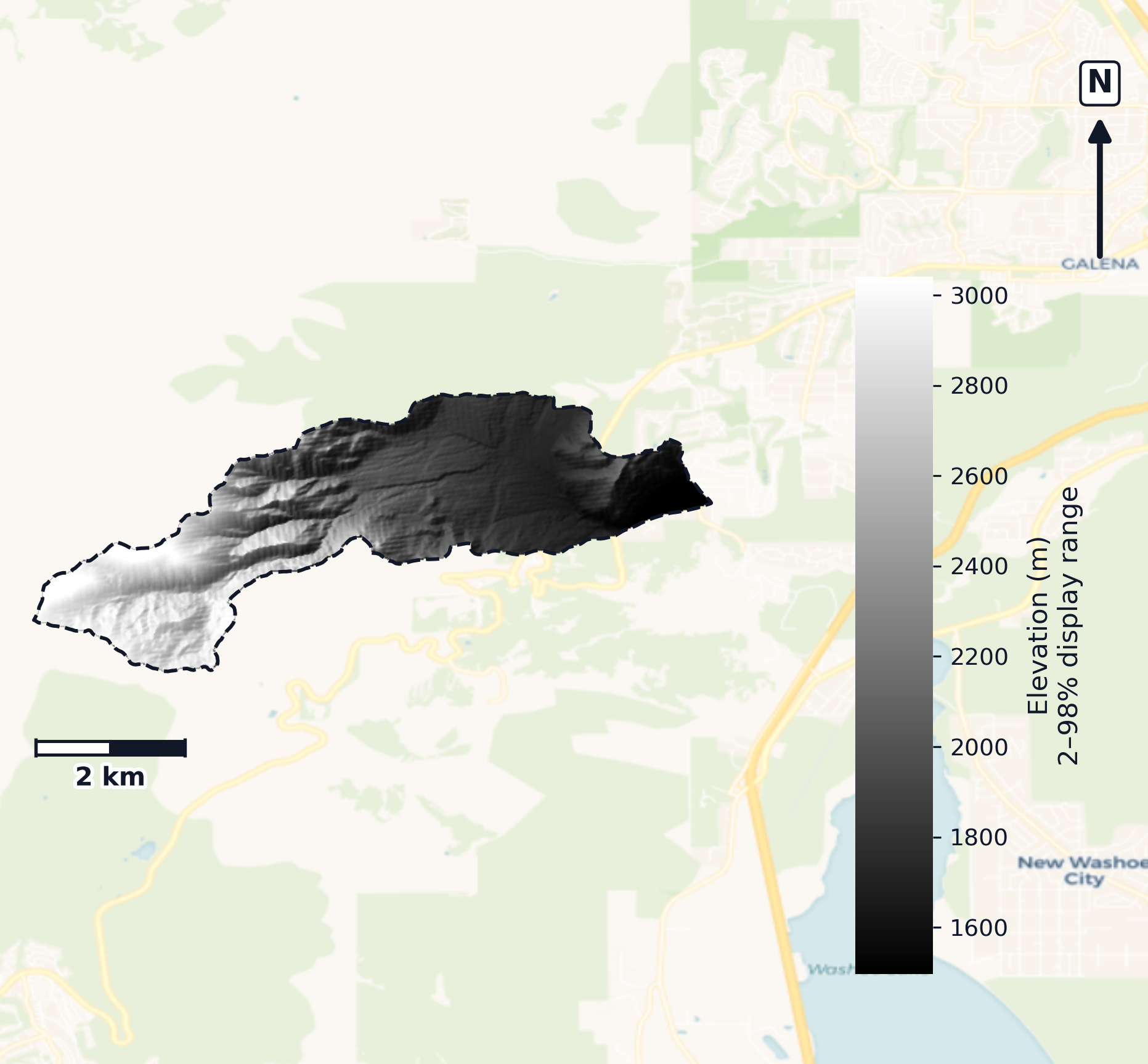 Truckee · Nevada — DEM hillshade, basin mask (same layout as flood-report maps)