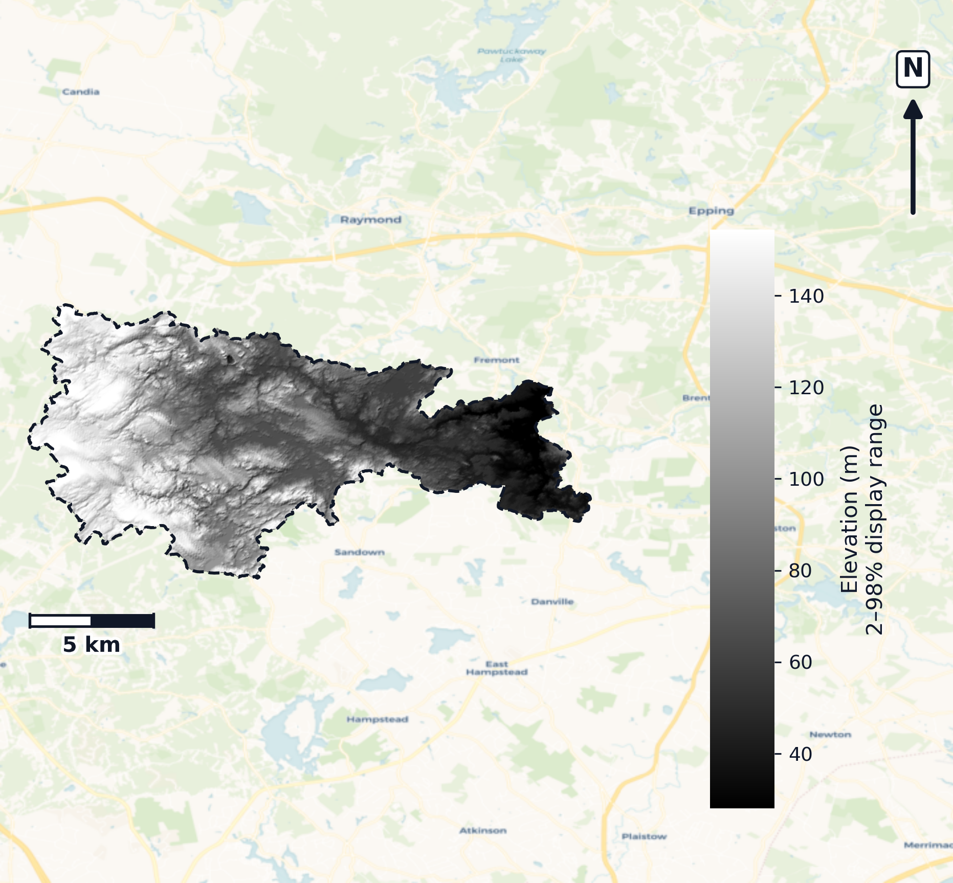 Piscataqua-Salmon Falls · New Hampshire — DEM hillshade, basin mask (same layout as flood-report maps)