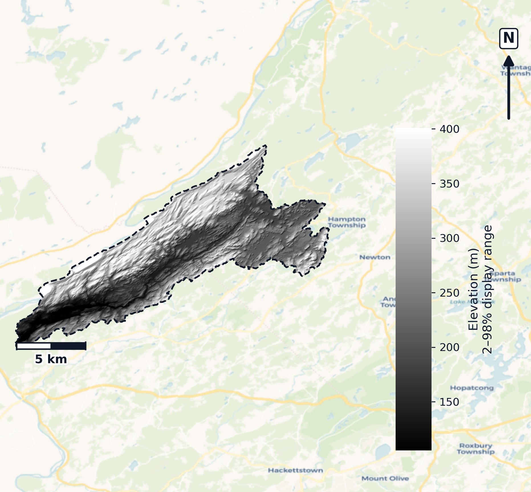 Middle Delaware-Musconetcong · New Jersey — DEM hillshade, basin mask (same layout as flood-report maps)