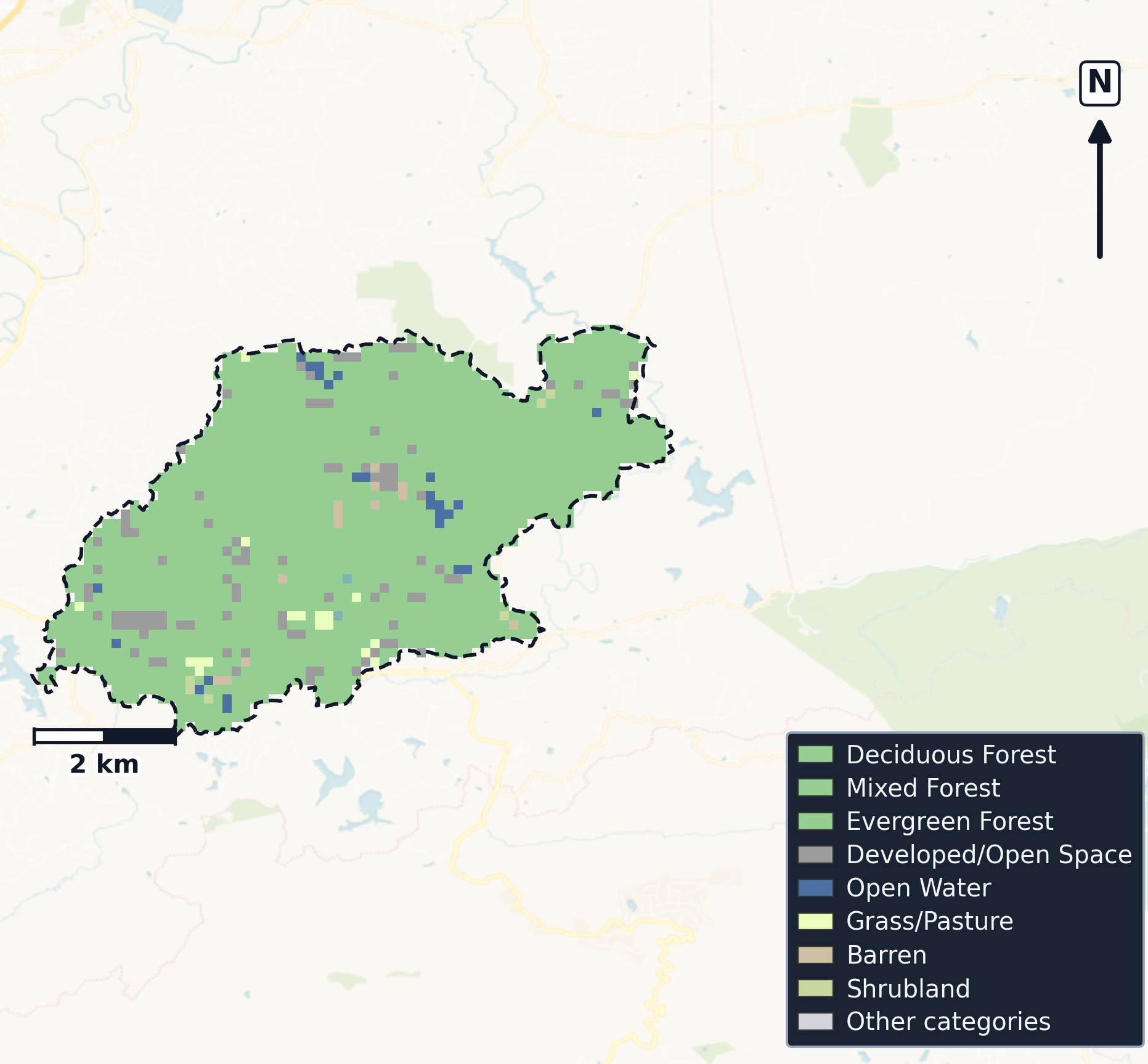 Upper French Broad · North Carolina — Cropland Data Layer land use, basin clip