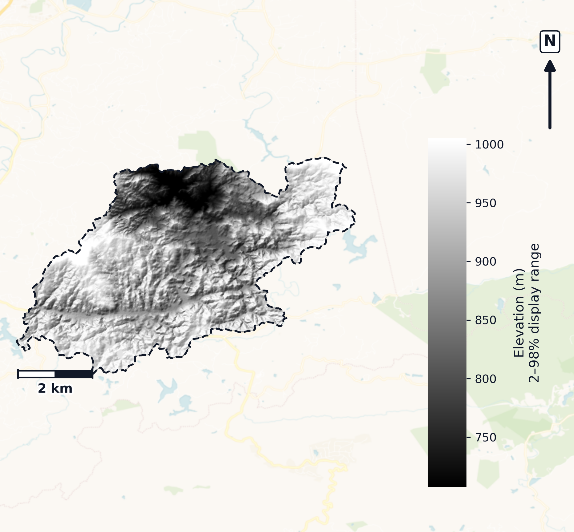 Upper French Broad · North Carolina — DEM hillshade, basin mask (same layout as flood-report maps)