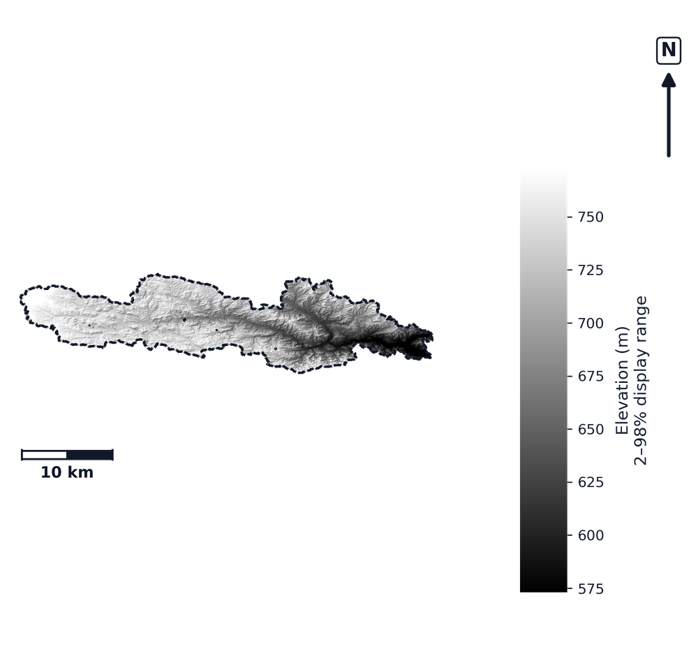 Knife · North Dakota — DEM hillshade, basin mask (same layout as flood-report maps)
