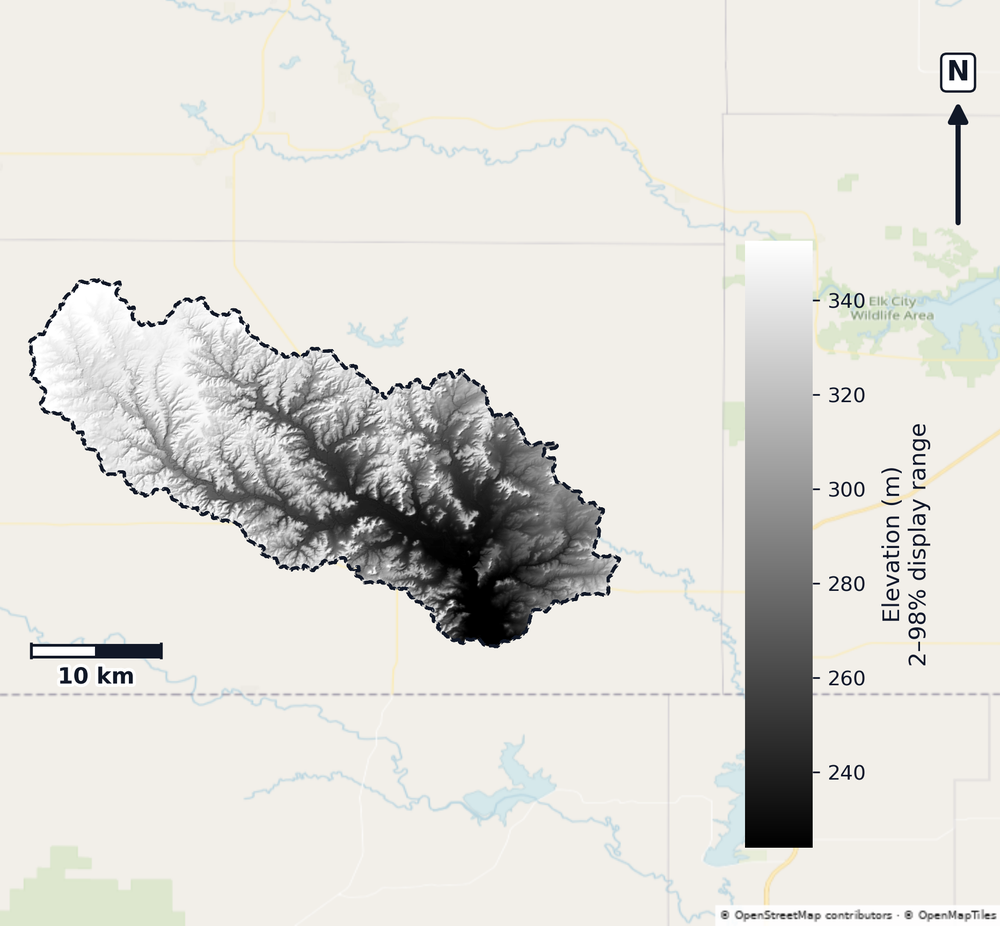 Caney · Oklahoma — DEM hillshade, basin mask (same layout as flood-report maps)