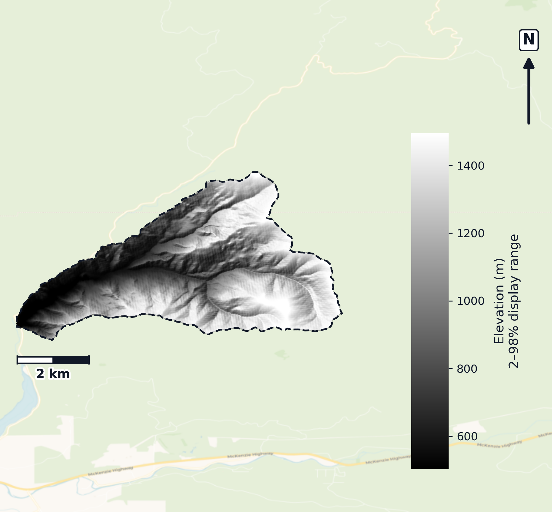 Mckenzie · Oregon — DEM hillshade, basin mask (same layout as flood-report maps)