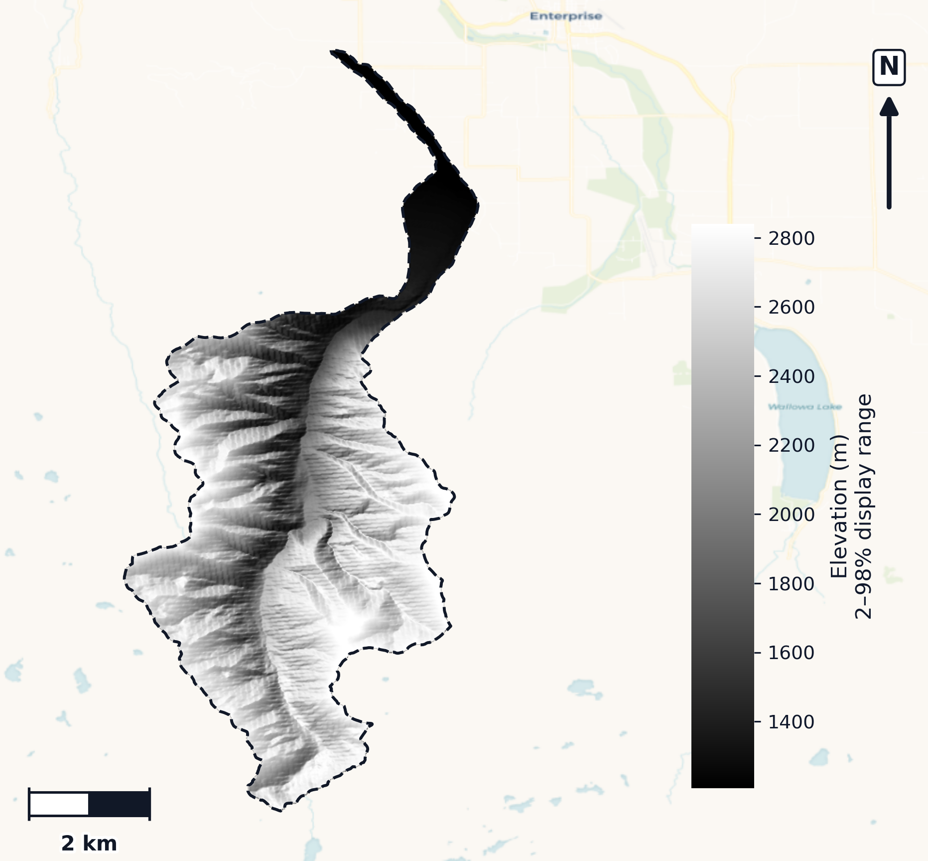 Wallowa · Oregon — DEM hillshade, basin mask (same layout as flood-report maps)
